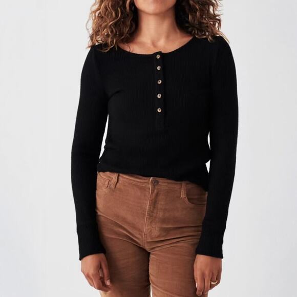 Faherty Tops - Faherty Legend Gila Ribbed Henley Top in Black Size S